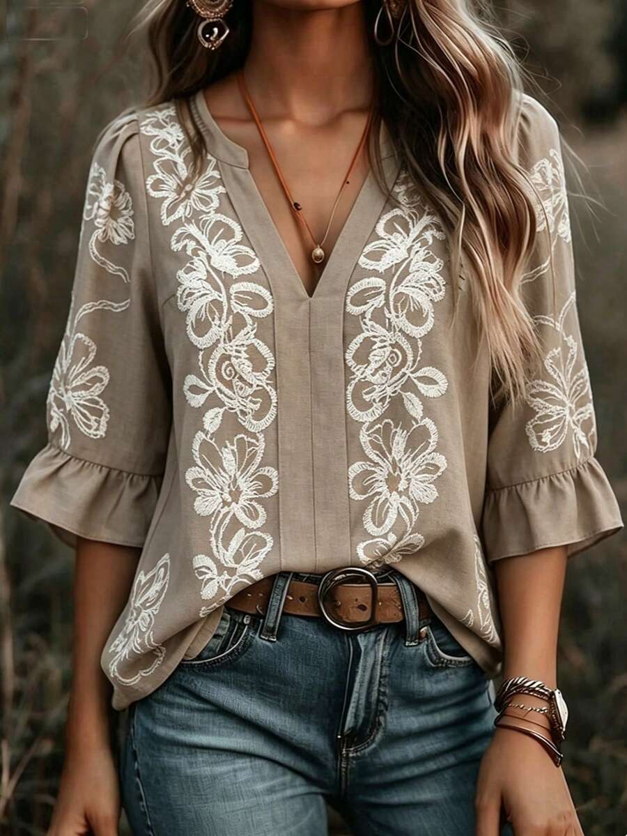 Linhara Plus Size Women's Pink V-Neck White Embroidered Floral Print Puff Sleeve Ruffle Hem Boho Flowy Blouse,Elegant Summer Vacation Vintage Casual Top - Multicolor - View 1