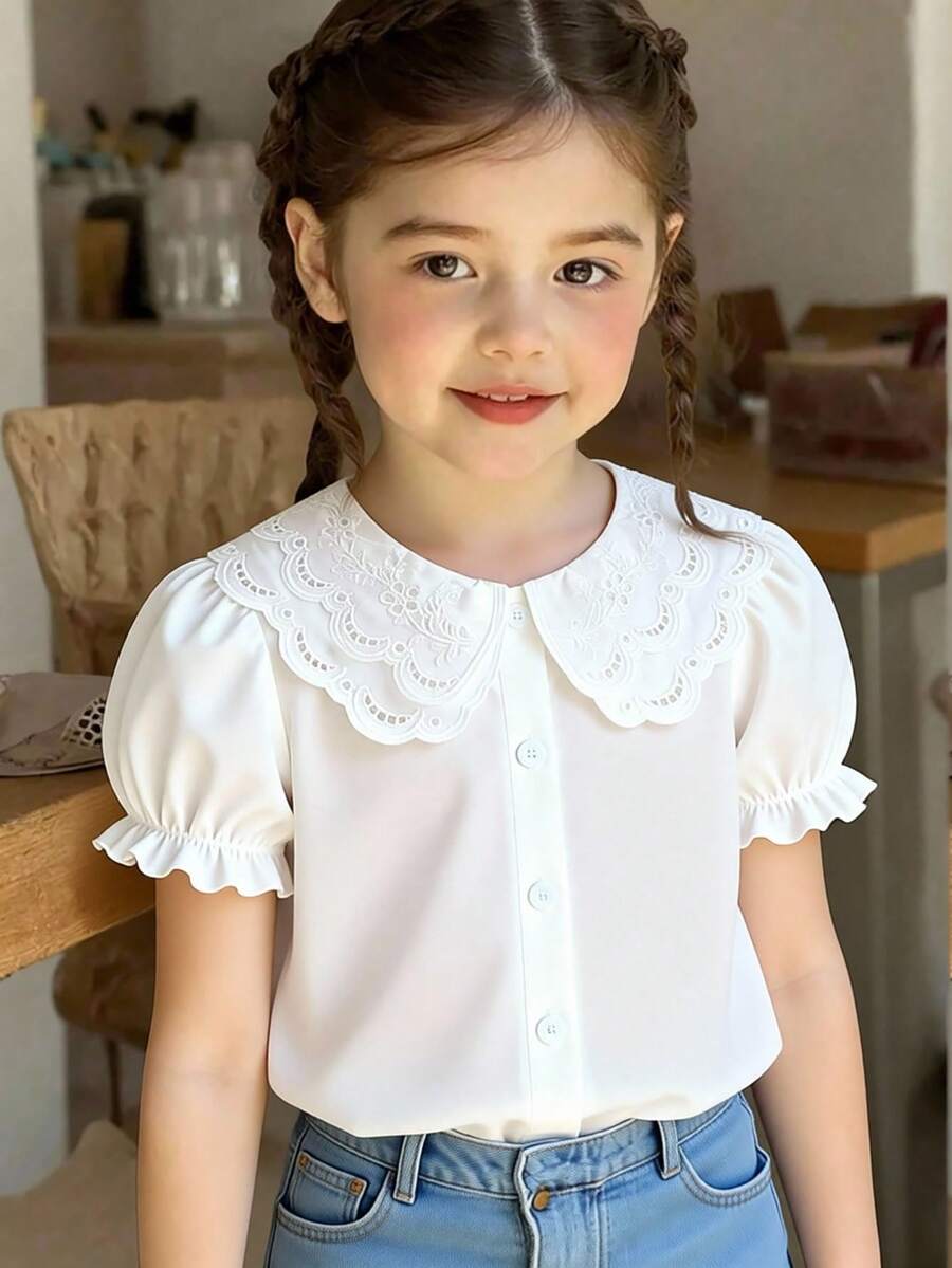 SHEIN Elladie kids 女童夏季休閒時尚荷葉花瓣袖短袖純色上衣,適合夏季休閒出遊,百搭單件上衣襯衫 - 白色 - 查看 1