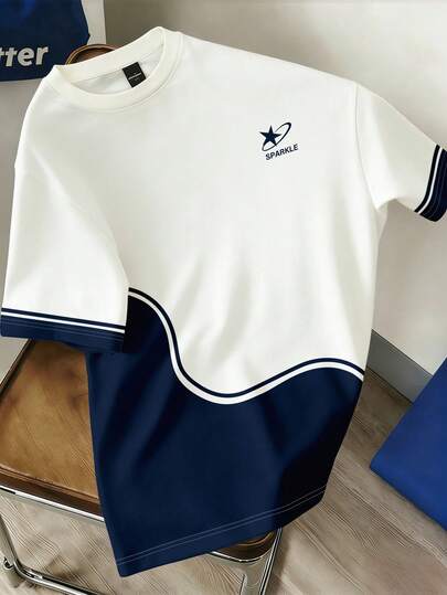 Manfinity Joysei Men's Simple Color-Block Wavy Striped Crew Neck Short Sleeve T-Shirt, Simple Wavy Color-Block Design, Refreshing Blue And White Color Scheme, Wear Out Full Energy Youthful Vibe