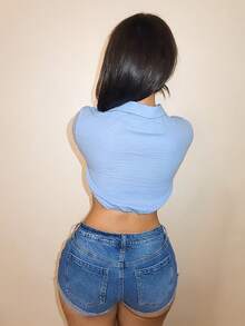BamGleam Women's Solid Color Short Sleeve Cropped Sexy Blouse - Blue - View 2