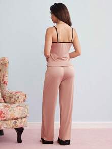 SHEIN 女士蕾丝边吊带睡衣套装 - 卡其色 - 查看 5