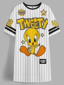 LOONEY TUNES X SHEIN 大码夏季休闲条纹字母和崔弟印花圆领短袖T恤连衣裙 - 白色 - 查看 3