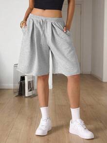 SHEIN Tall Damen Frühling/Sommer Streetwear Urlaub Alltag Homecoming Lässig Sport Basic Baggy Low Waist Bermuda Hose mit tiefem Schritt, für große Frauen - Grau - Übersicht 1