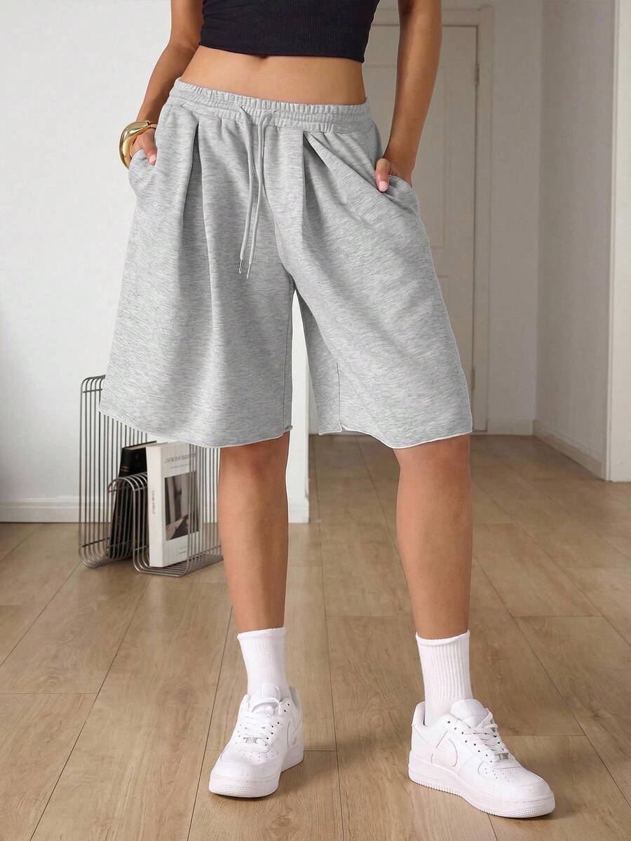 SHEIN Tall Damen Frühling/Sommer Streetwear Urlaub Alltag Homecoming Lässig Sport Basic Baggy Low Waist Bermuda Hose mit tiefem Schritt, für große Frauen - Grau - Übersicht 1