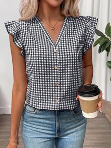 SHEIN Clasi Women's Plaid Button V-Neck Ruffle Cuff Blouse - Black and White - View 7