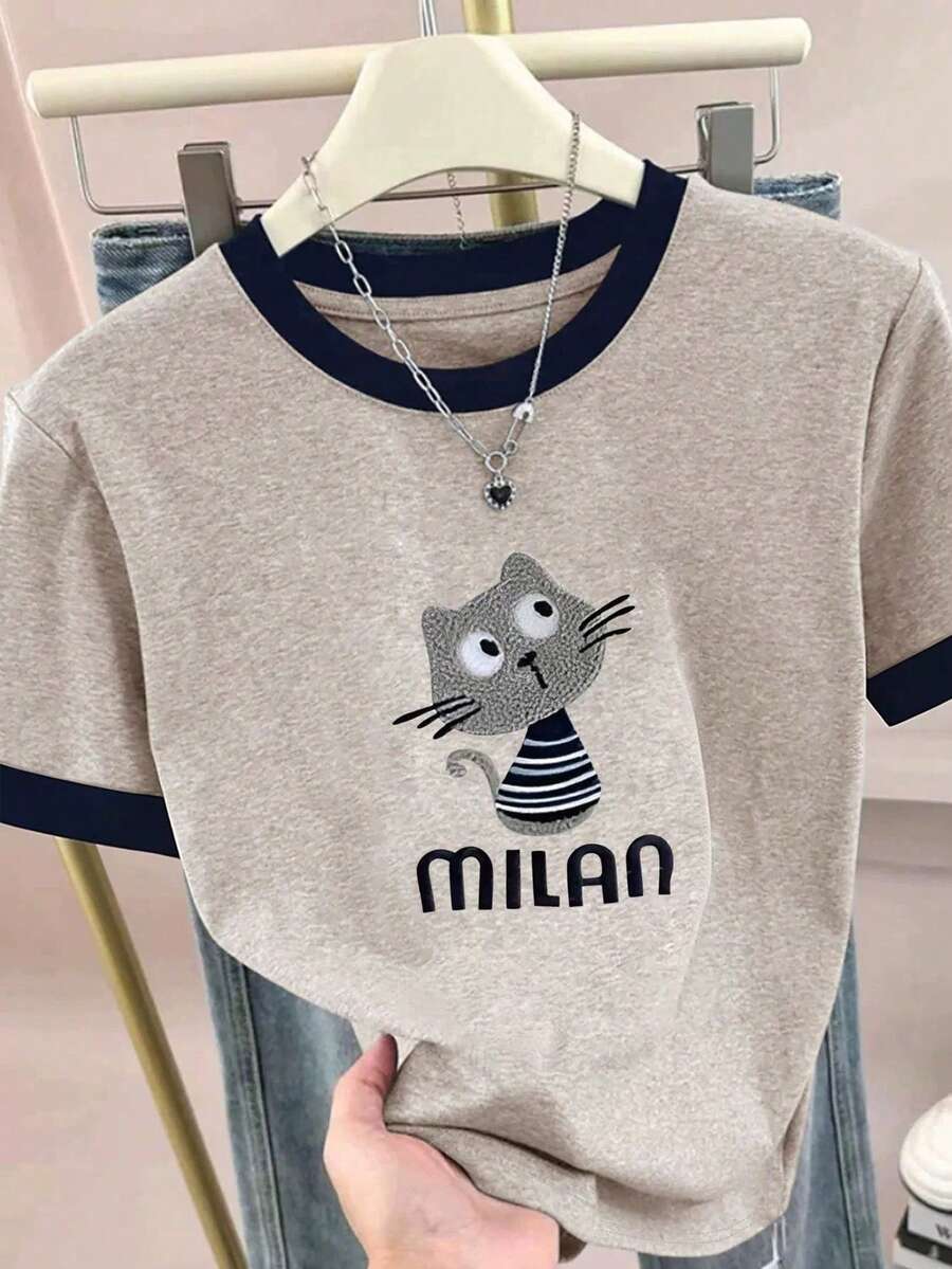 Resyla Camiseta de manga corta con cuello redondo y estampado de gato para mujer de talla grande - Gris - Ver 1