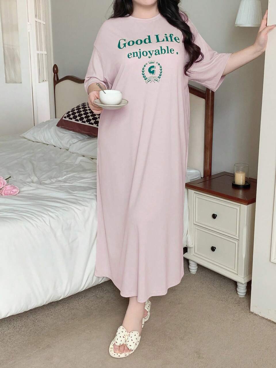 Dazy Plus Plus Size Letter Print Loose Straight T-Shirt Style Long Nightgown For Summer Pajamas