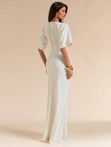 SHEIN BAE Spring/Summer Solid White Short Sleeve Fitted Pleated Elegant Dress For Women - White - View 2
