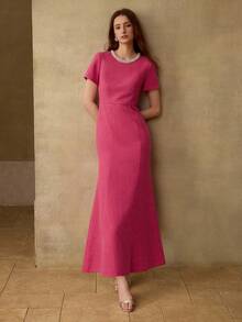 MOTF PREMIUM WOMEN'S ELEGANT MERMAID HEM LONG DRESS, LIGHTWEIGHT FABRIC - Hot Pink - View 6