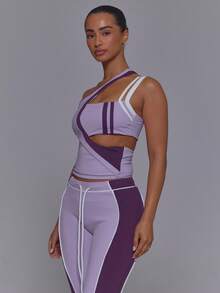 Musera Sport Sport Purple Asymmetric Strappy Cut Out Waist Stripe Detail Open Back Active Top - Violet Purple - View 3
