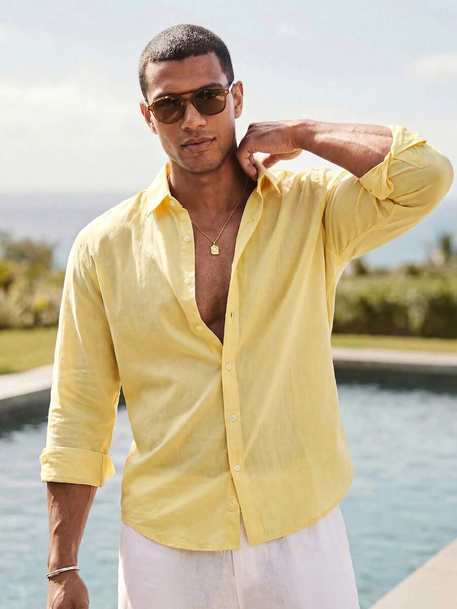 HIMLAND Men's Pale Yellow Relaxed Fit Long Sleeve Button-Up With Rolled Cuffs & Deep Open Neckline. Lightweight Woven Fabric With Soft Drape. Sunny Resort Lay - Light Yellow - View 1