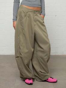 COUREZ Baggy Balloon Trousers With Seaming Detail /Y2K Wide Leg Pant Woman Fall Outfit For Women Fall Clothes Pants For Women Wide Leg Pants Woman - Army Green - View 5
