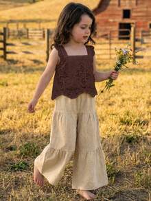 Emery Rose Kids Emery Rose Kids 少女編織素色方領荷葉邊休閒背心與長褲2件組 - 杏色 - 查看 6