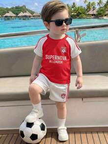 SHEIN Playful Pals 男嬰 0-3 歲休閒運動足球球衣 T-shirt + 短褲套裝，邁阿密隊，運動服飾 - 紅色 - 查看 7
