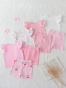 SHEIN Playful Pals 韓式甜美女童T恤短褲套裝，荷葉邊裝飾、飛袖、蝴蝶印花、條紋、小雛菊、花卉圖案，柔軟夏季百搭女嬰套裝，多色可選 - 粉色 - 查看 2