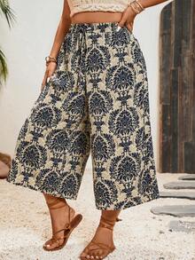 Freevana Plus Size Women's All-Over Print Casual Versatile Daily Wear Capri Pants - Black - View 4