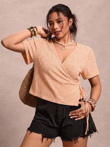 SHEIN VCAY Plus Size Women's Plaid Side Knot Short Sleeve Casual T-Shirt - Orange - View 6