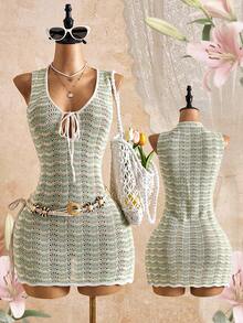 Swim Vcay Women's Fashion Versatile Vacation Tie-Up Sheer Sleeveless Cover-Up Dress Beach Vacation Green Striped Summer Tropical - Multicolor - View 11