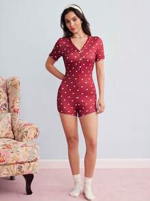 Elorette Heart Print Lettuce Trim Romper - Red - View 2