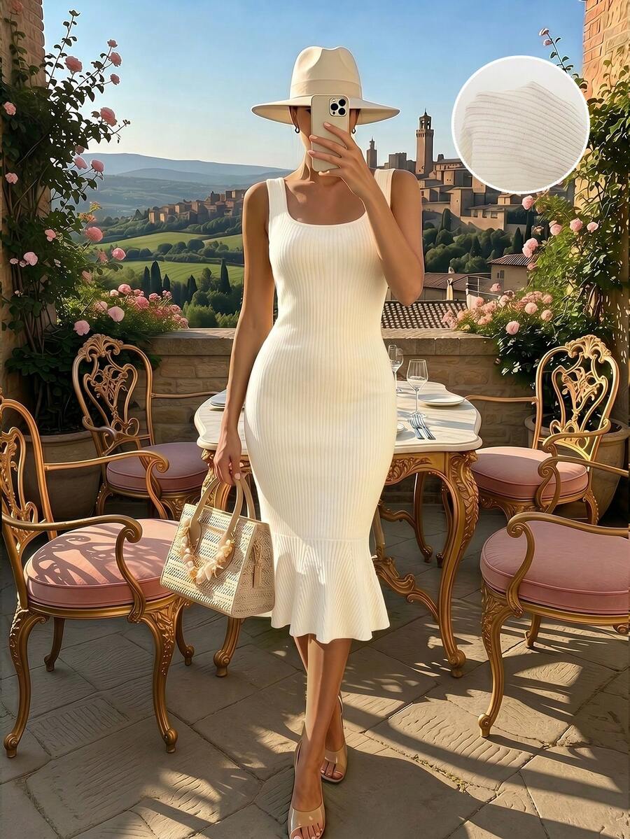 Balvessa Women's Square Neck Sleeveless Ribbed Fitted Fishtail Hem Sweater Dress, Spring/Summer - Apricot - View 1