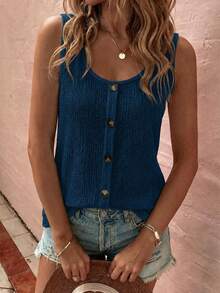 SHEIN LUNE Round Neck Knit Single-Breasted Decorative Solid Color Minimalist Vest Suitable For Daily, Outing, Commuting - Blue - View 4