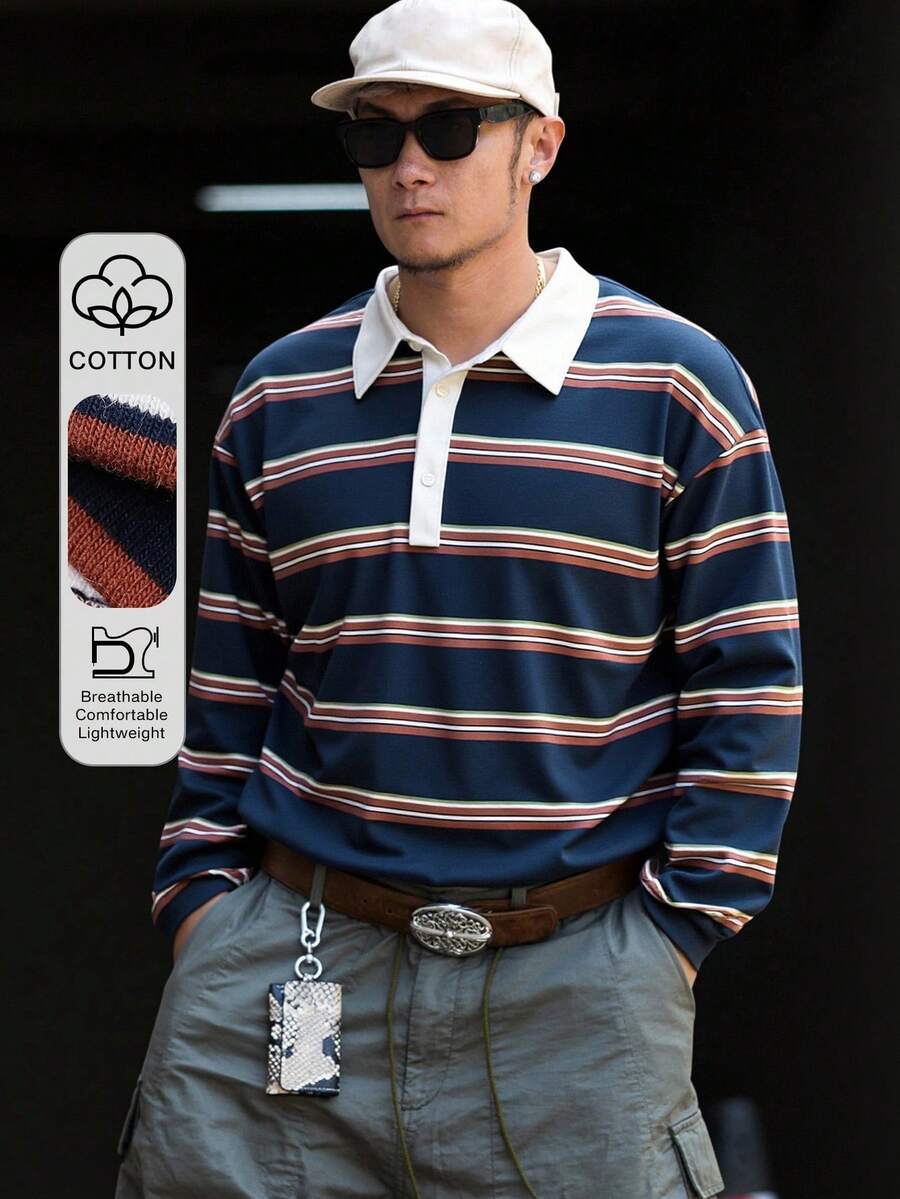 DAZY 男士對比色拼接領條紋圖案 Polo 衫，秋季圖案 T-shirt - 彩色 - 查看 1
