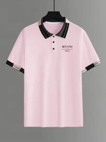 Calvornis 男款珠飾刺繡羅紋領短袖休閒 Polo 衫 - 粉色 - 查看 4