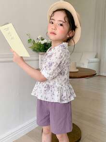 Dazy Kids 女童碎花單排扣短袖泡泡袖襯衫與短褲可愛兩件套 夏季 - 淡紫色 - 查看 7
