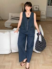 Dazy Plus Plus Size Women's Washed Dark Blue Zip Front Loose Casual Long Denim Jumpsuit, Spring/Summer - Dark Wash - View 5