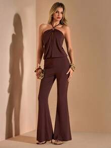 Bluhae Dark Brown Hollow Out Halter Jumpsuit, Slim Fit Flare Leg Pants, Sexy Elegant Romper Night Out Party Vacation Summer - Brown - View 5