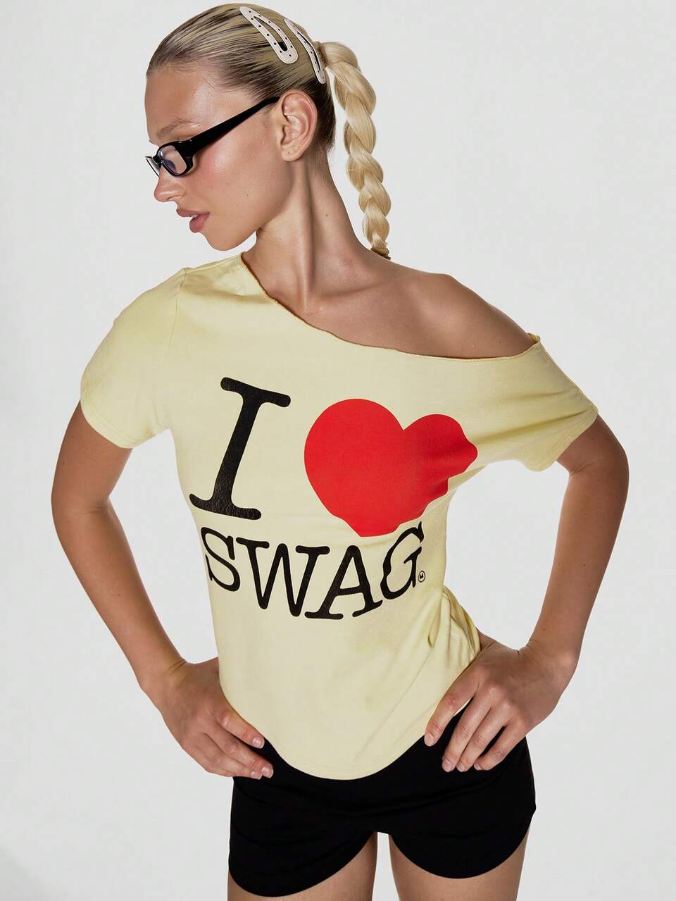 Yellow Slouchy Off The Shoulder Raw Hem "I Heart Swag" Oversized Tee
