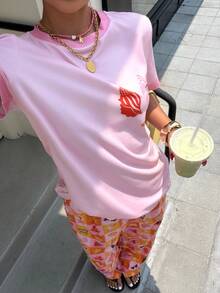 Muchica Paul Frank X SHEIN 2件組休閒度假卡通印花圓領短袖T恤與長褲套裝，適合日常通勤、約會、聚會，適用於秋冬春夏、聖誕節、新年、感恩節、派對 - 彩色 - 查看 4
