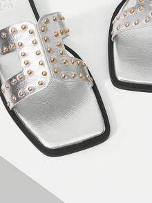 MOTF SANDALIAS PLANAS DE MODA DE VERANO PARA MUJER, CASUALES DE CALLE Y DESPLAZAMIENTO, CON DECORACIÓN DE REMACHES Y PUNTA ABIERTA, ZAPATOS DE PRIMAVERA - Plateado - Ver 5