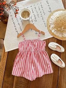 SHEIN LMoss Kids 女嬰可愛休閒夏季條紋蝴蝶結肩帶連身褲 - 紅白色 - 查看 2
