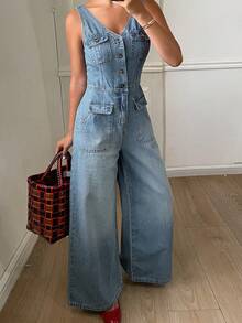 DAZY Women's V-Neck Sleeveless Jumpsuit With Pockets, Vacation Style Denim Bib Pants And Romper - Light Wash - View 2