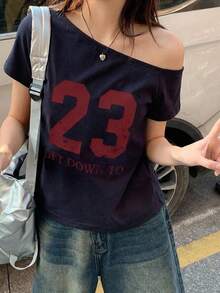 DAZY 女款對比色字母貼帶裝飾修身休閒街頭風運動圖案T恤 夏季 - 藏蓝色 - 查看 7