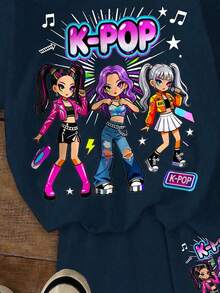 Young Girl Simple Cartoon Girl Portrait Print Short Sleeve T-Shirt And Casual Shorts 2pcs Set Suitable For Summer - Multicolor - View 8