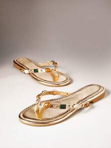 SHUZIA Women Beaded Decor Flip Flop Flat Sandals - Gold - View 2
