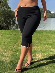 SHEIN Tall CURVE 大码女式弹力腰休闲七分紧身裤 - 黑色 - 查看 6