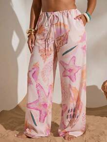 SHEIN PETITE CURVE 大码休闲假日海星贝壳印花裤 - 淺粉色 - 查看 8