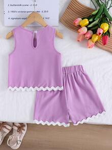 Elladie kids 女童紋理布料對比下擺無袖上衣與休閒短褲 T-shirt 套裝 - 淡紫色 - 查看 3