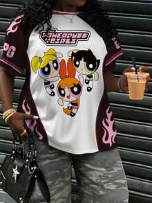 THE POWERPUFF GIRLS X SHEIN Plus Size Women's Casual Fashionable Street Colorblock Blossom, Bubbles, Buttercup Pattern Raglan Short Sleeve T-Shirt - White - View 9