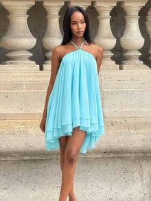 Mima John Women's Chiffon Layered Ruffle Sleeveless Mini Dress Party Elegant Summer - Blue - View 4