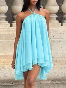 Mima John Women's Chiffon Layered Ruffle Sleeveless Mini Dress Party Elegant Summer - Blue - View 5