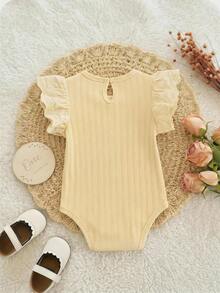 SHEIN رومبير كاجوال محبوك بلون موحد بياقة دائرية وحواف مكشكشة للبنات الصغيرات - أصفر - مشاهدة 2