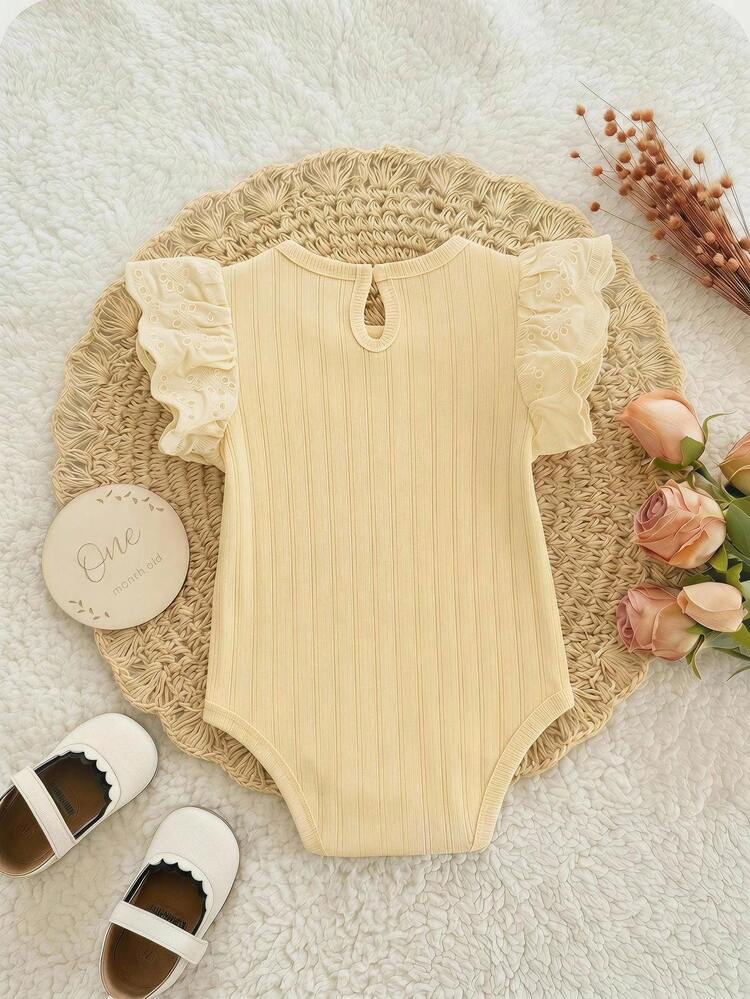 SHEIN Mameluco casual de punto unicolor con cuello redondo y volantes para bebé niña - Amarillo - Añade 2