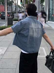 DAZY Chaqueta vaquera de hombre de verano azul sólido con efecto lavado y desgastado - Azul - Ver 2