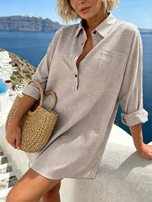 Breezaya Vestido casual de fiesta a rayas para mujer, de verano - Caqui - Ver 4