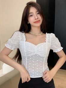 Joudiya 夏季波點提花抹胸白色花卉上衣 婚禮約會休閒浪漫度假雪紡襯衫 優雅女款襯衫 適合婚禮宴會 可愛 - 白色 - 查看 6