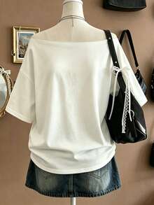 EMERY ROSE Women's 3D Floral Decor Off-Shoulder Loose T-Shirt - White - View 2
